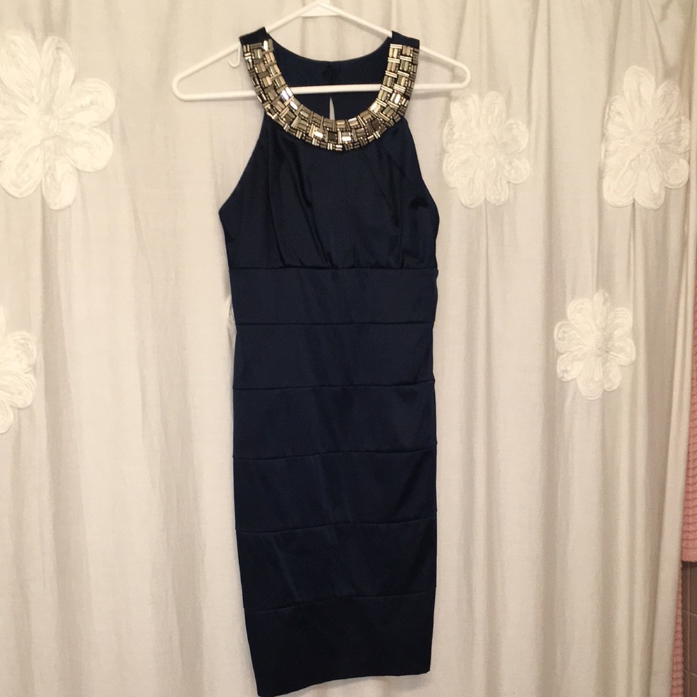 Body Con Navy Dress  Satin with embellished neckline size 7/8